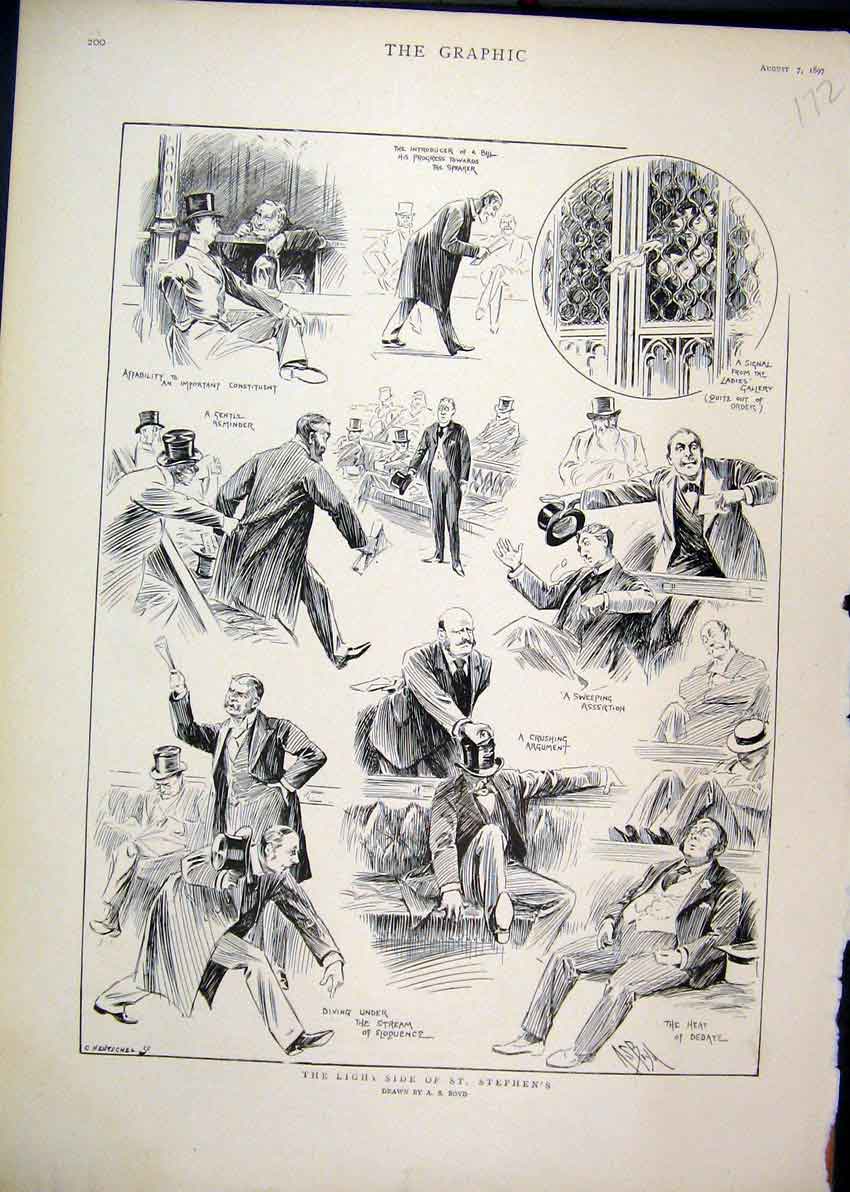 Original Old Antique Print 1897 St.Stephens Comedy Sketches Men Argument Gallery