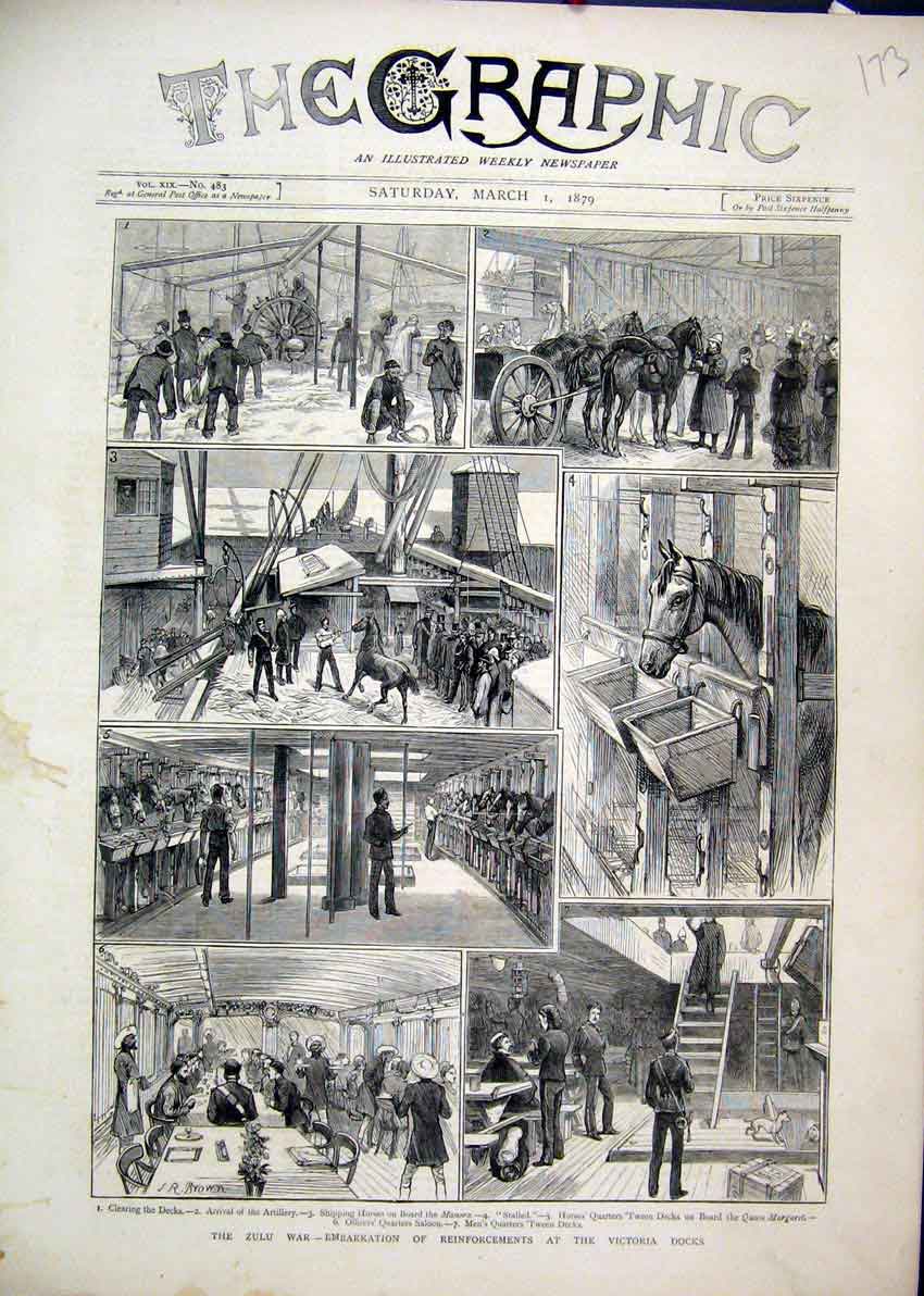 Original Old Antique Print 1879 Zulu War Victoria Docks Artillery Tween Decks