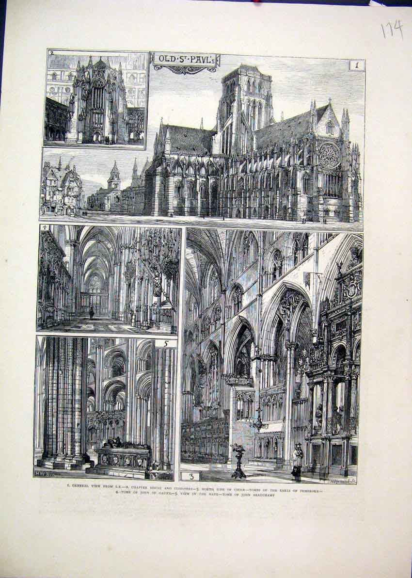 Old Antique Print 1872 Pauls Cathedral Chapter House Cloisters Tombs Nave 19th