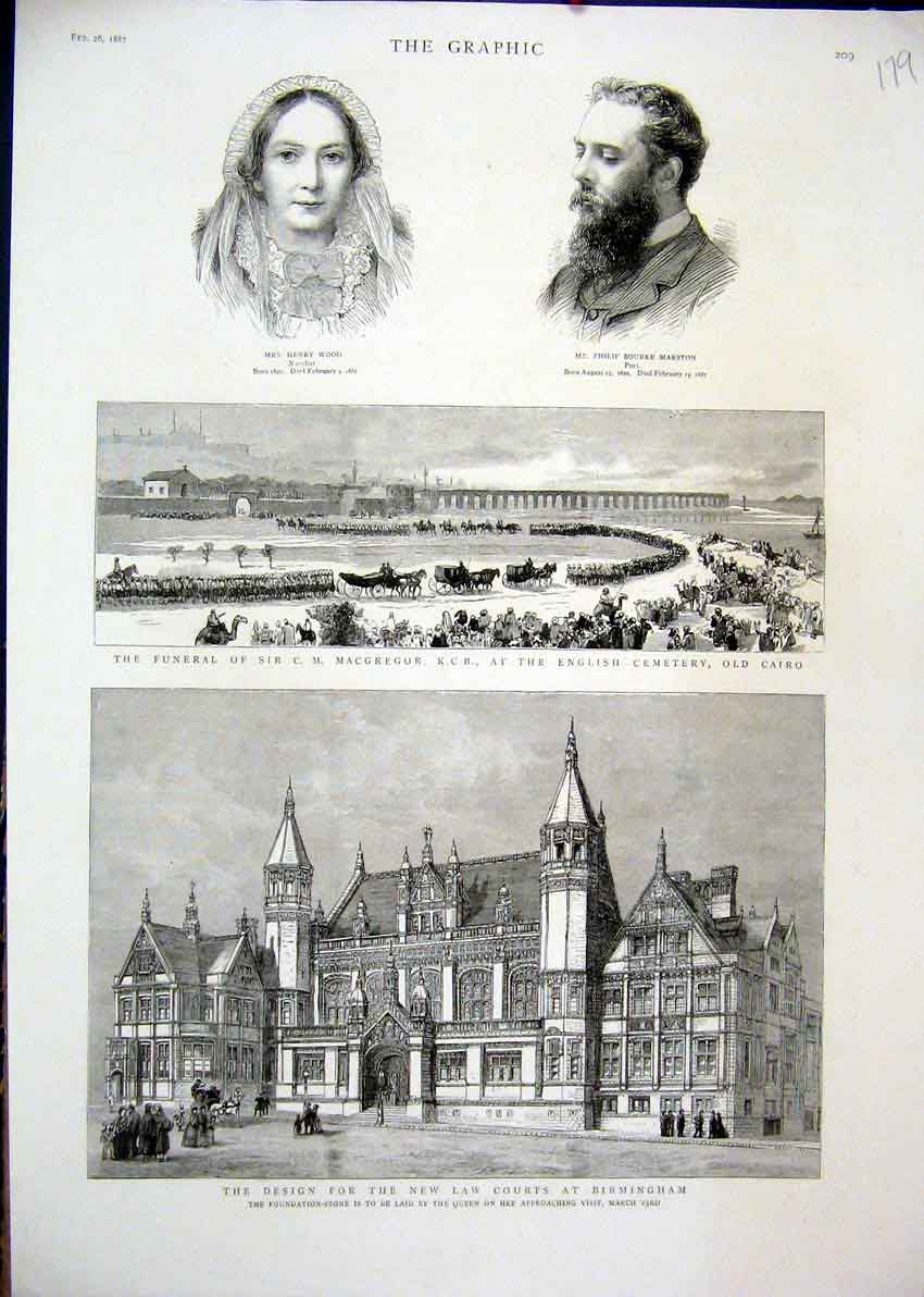 Original Old Antique Print 1887 Law Courts Birmingham Funeral Macgregor Cairo