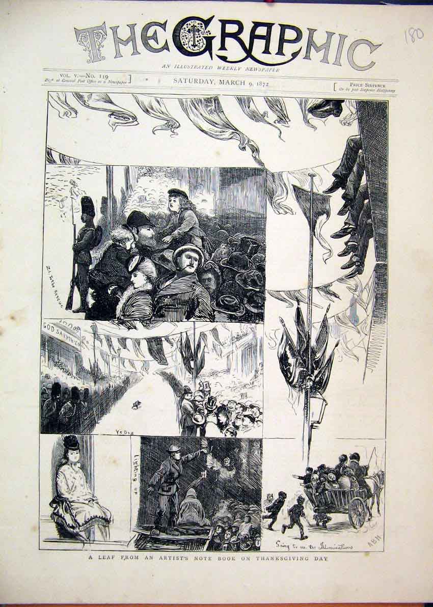 Original Old Antique Print 1872 Thanksgiving Day Artist Note Book Sketches Flag
