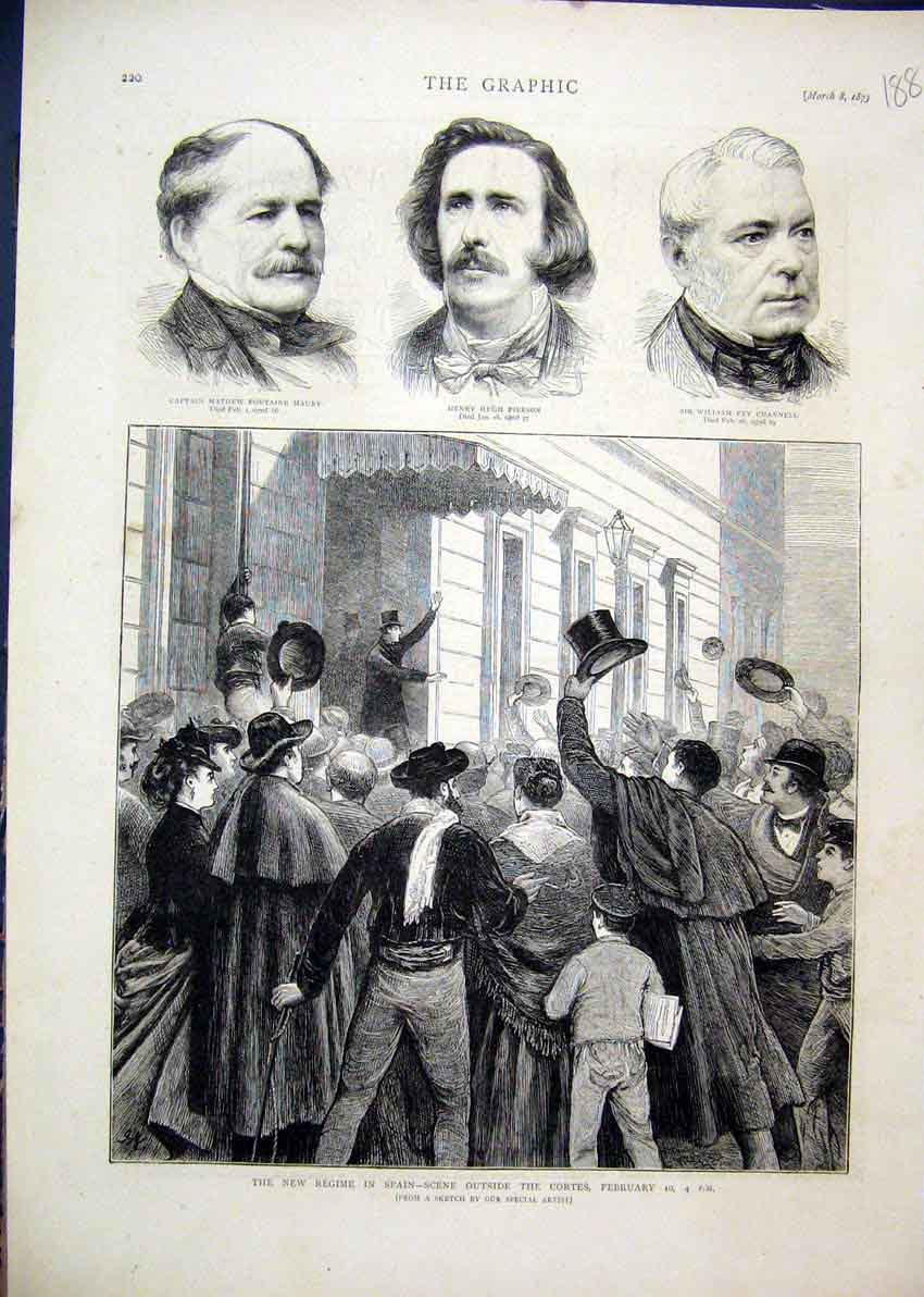 Original Old Antique Print 1873 New Regime Spain Cortes Maury Pierson Channel