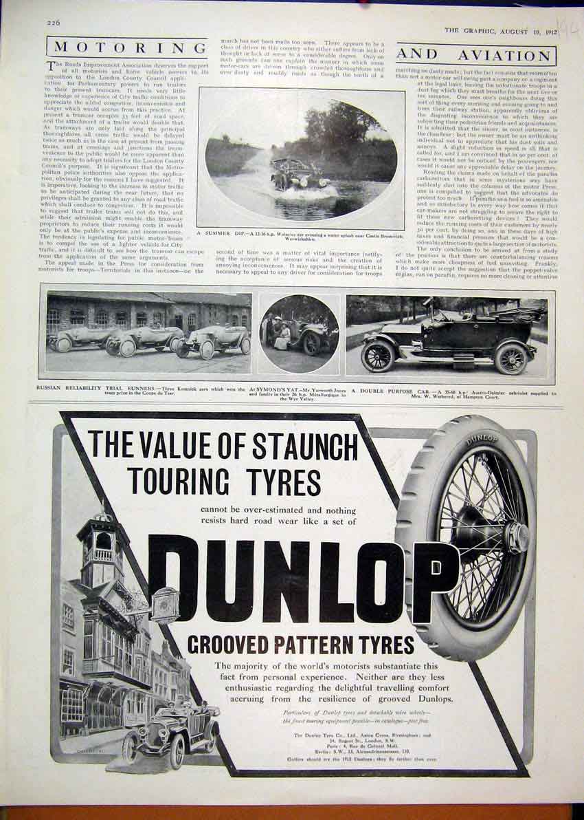 Original Old Antique Print 1912 Advert Dunlop Grooved Pattern Tyres Wolseley