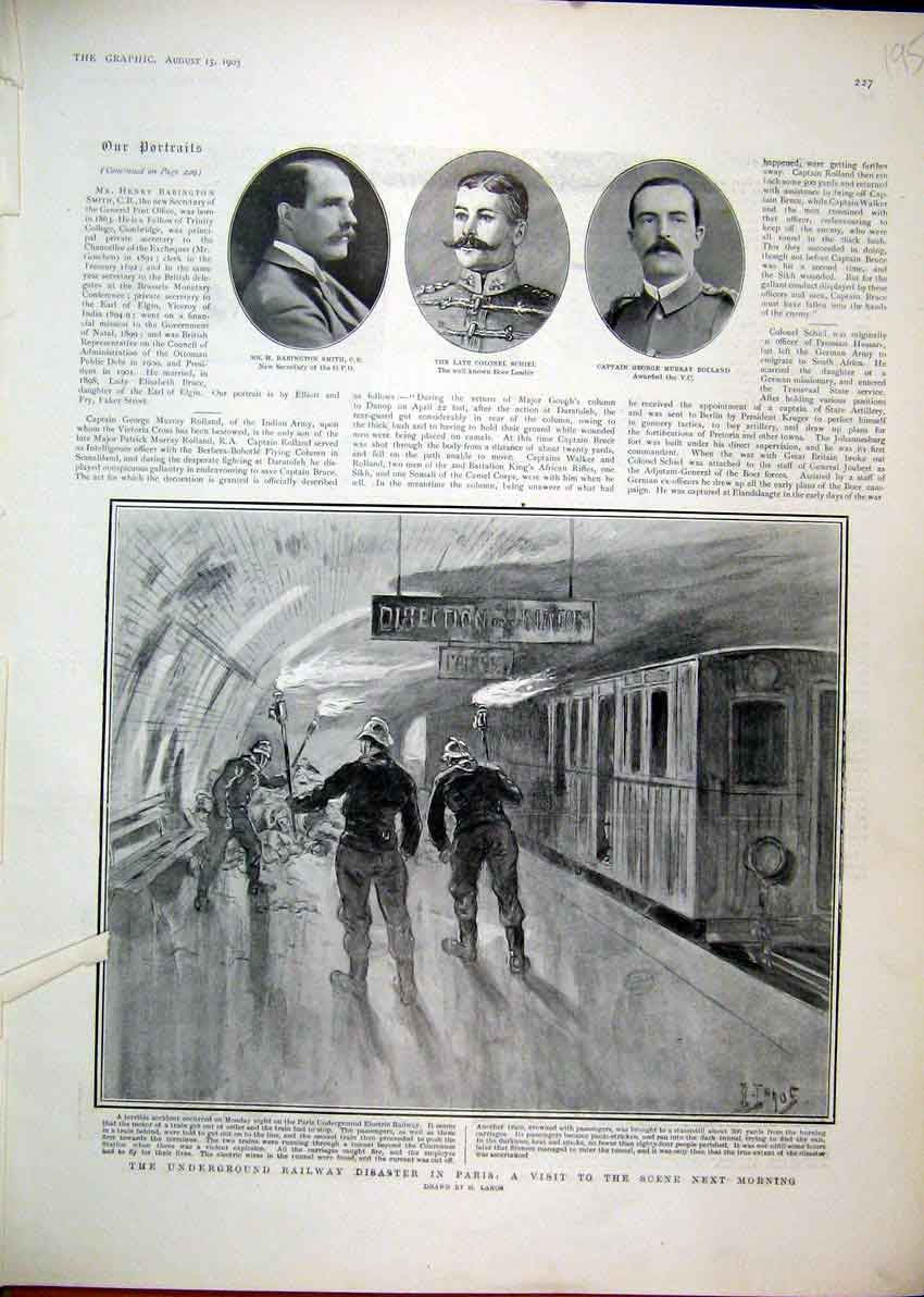 Original Old Antique Print 1903 Underground Railway Disaster Paris Train Schiel