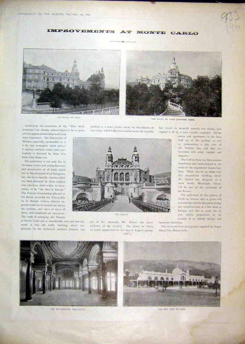 Old Antique Print 1897 Monte Carlo Grill Room Caf∆? De Paris Casino Hotel 19th