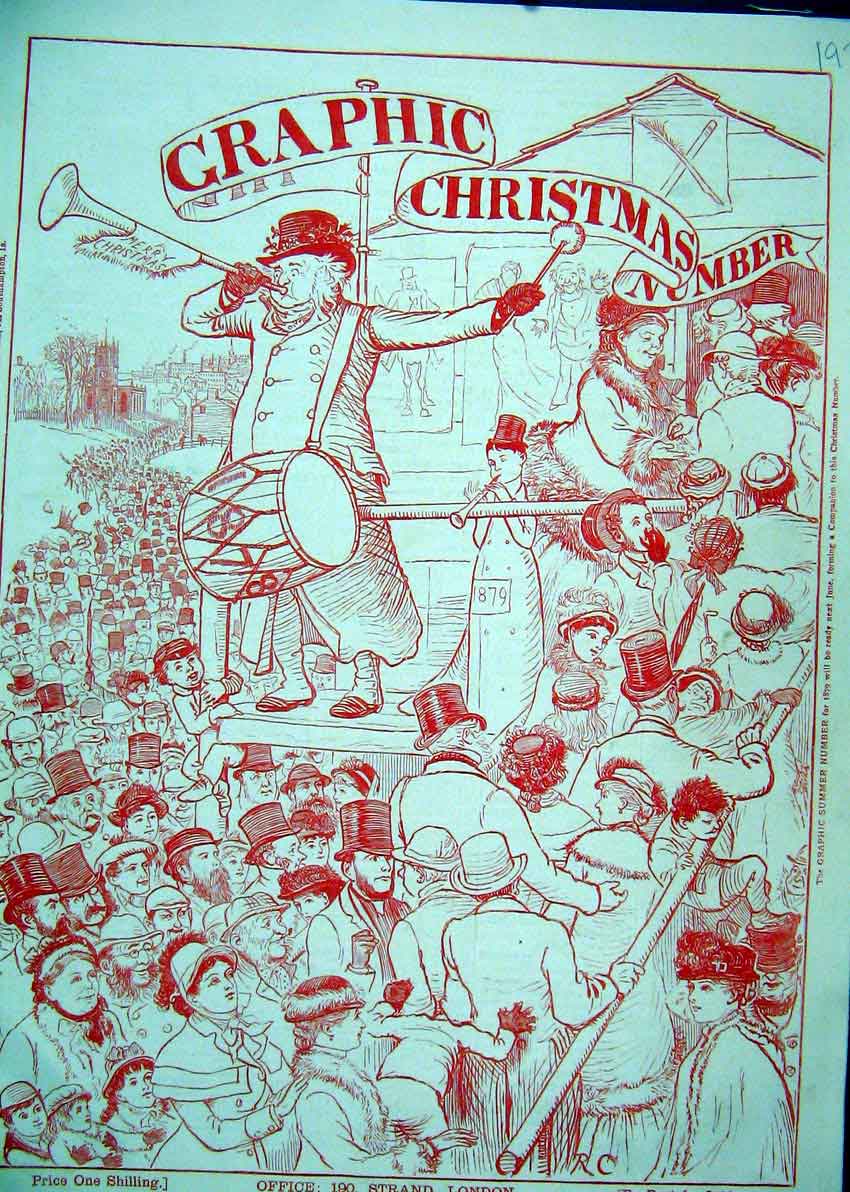 Original Old Antique Print 1878 Colour Christmas Music Celebration Families 19th