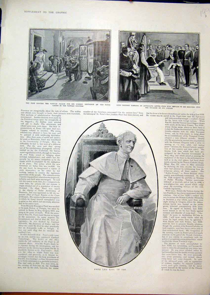 Old Antique Print 1892 Portrait Pope Leo Vatican Palace Lord Denbigh King 19th
