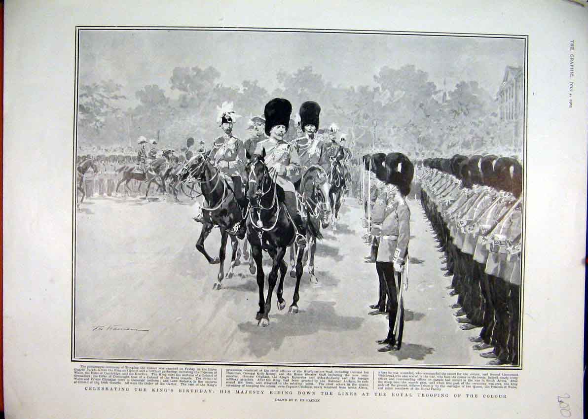 Old Antique Print 1903 Kings Birthday Riding Horse Royal Trooping Colour 20th