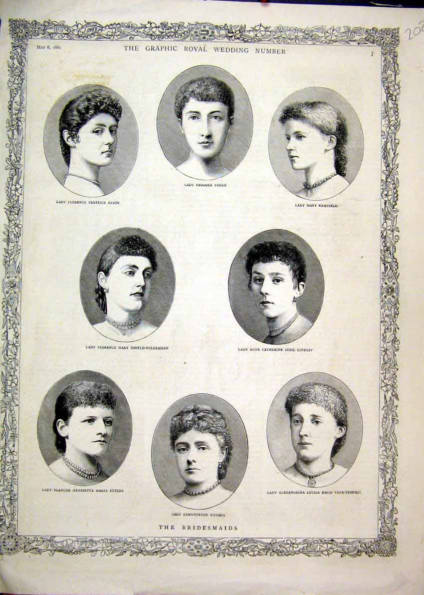 Original Old Antique Print 1882 Portriat Royal Wedding Bridesmaids Lady Lindsay
