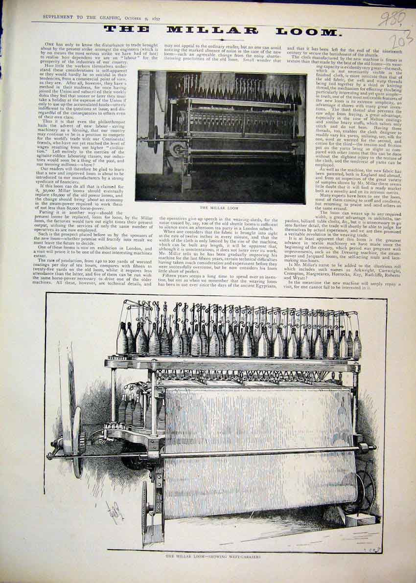 Old Antique Print 1897 Millar Loom Weft Carriers Sketch Photograph Thread 19th