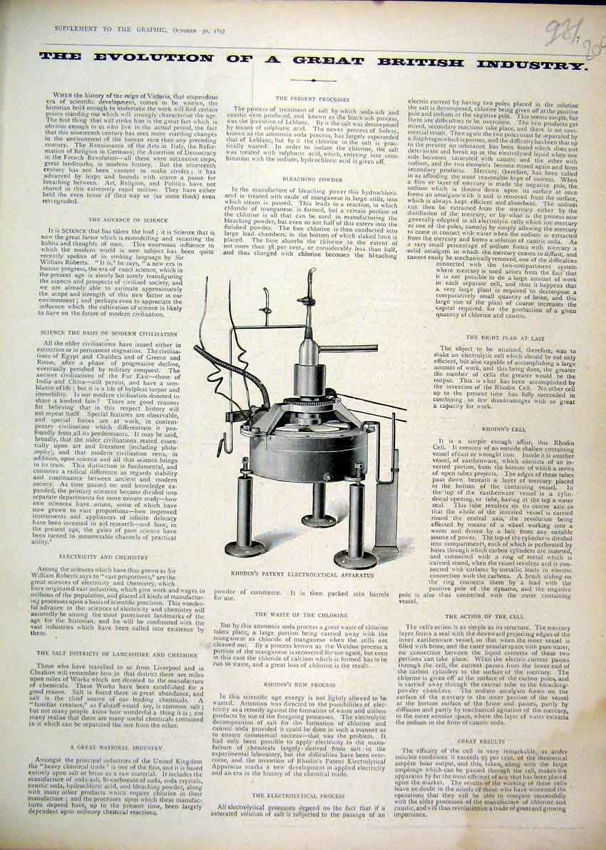 Original Old Antique Print 1897 Rhodin Patent Electrolytical Apparatus Victorian