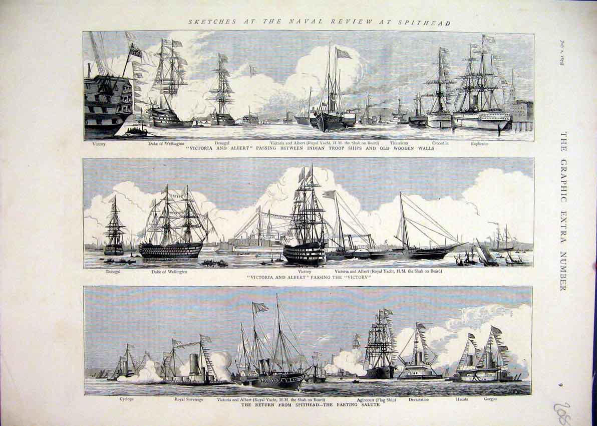 Original Old Antique Print 1873 Naval Review Spithead Victoria Albert Agincourt