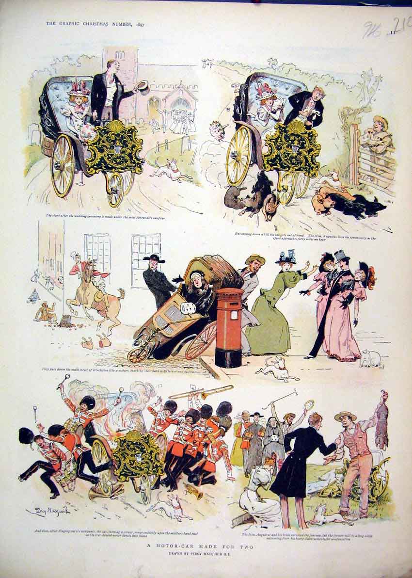 Original Old Antique Print 1897 Comedy Christmas Sketches Colour Wedding 19th
