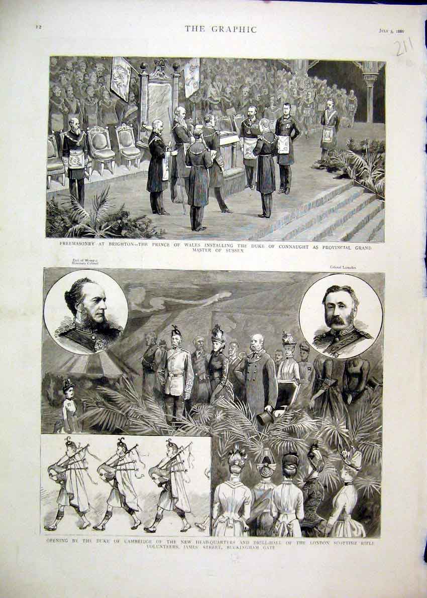 Original Old Antique Print 1886 Freemason Brighton Prince Wales Duke Cambridge