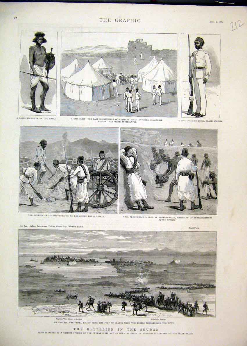 Old Antique Print Rebellion Soudan 1884 English War Vessel Suakim Rebels 19th