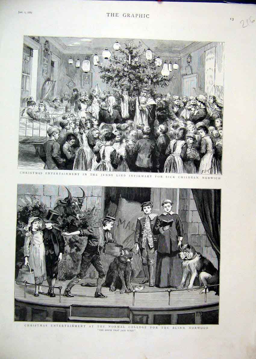 Original Old Antique Print 1887 Christmas Sick Children Hospital College Blind