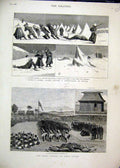 Original Old Antique Print 1882 Snow Natal Native War Dance Nassova Fijian Hut