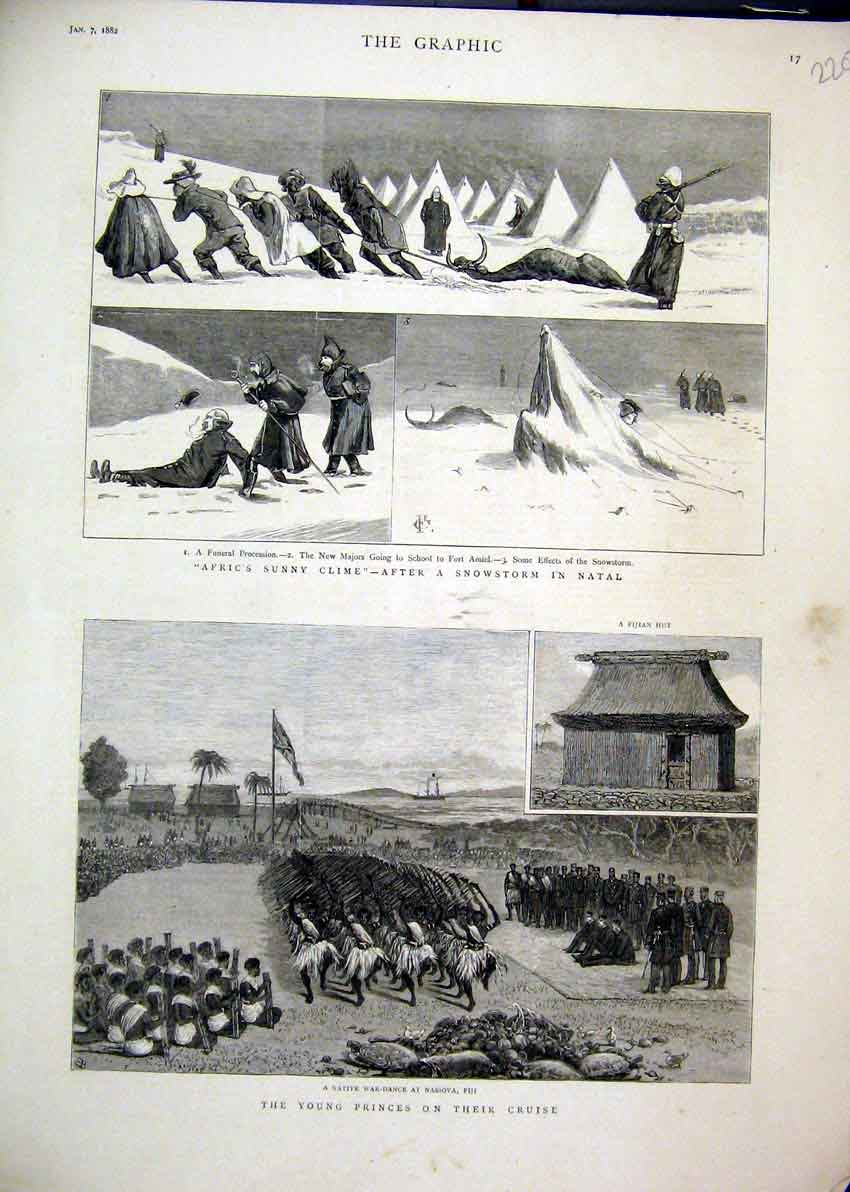 Original Old Antique Print 1882 Snow Natal Native War Dance Nassova Fijian Hut