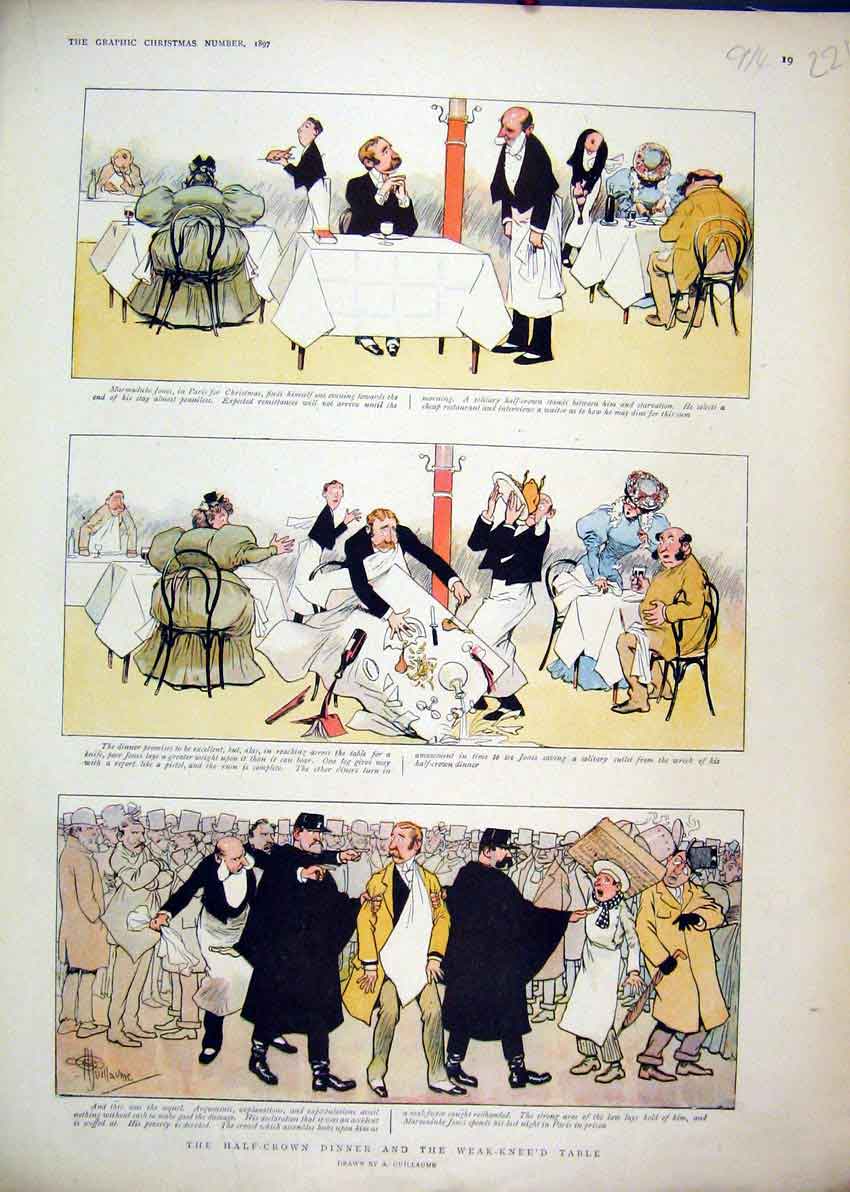 Original Old Antique Print 1897 Colour Half-Crown Dinner Weak-Kneed Table 19th