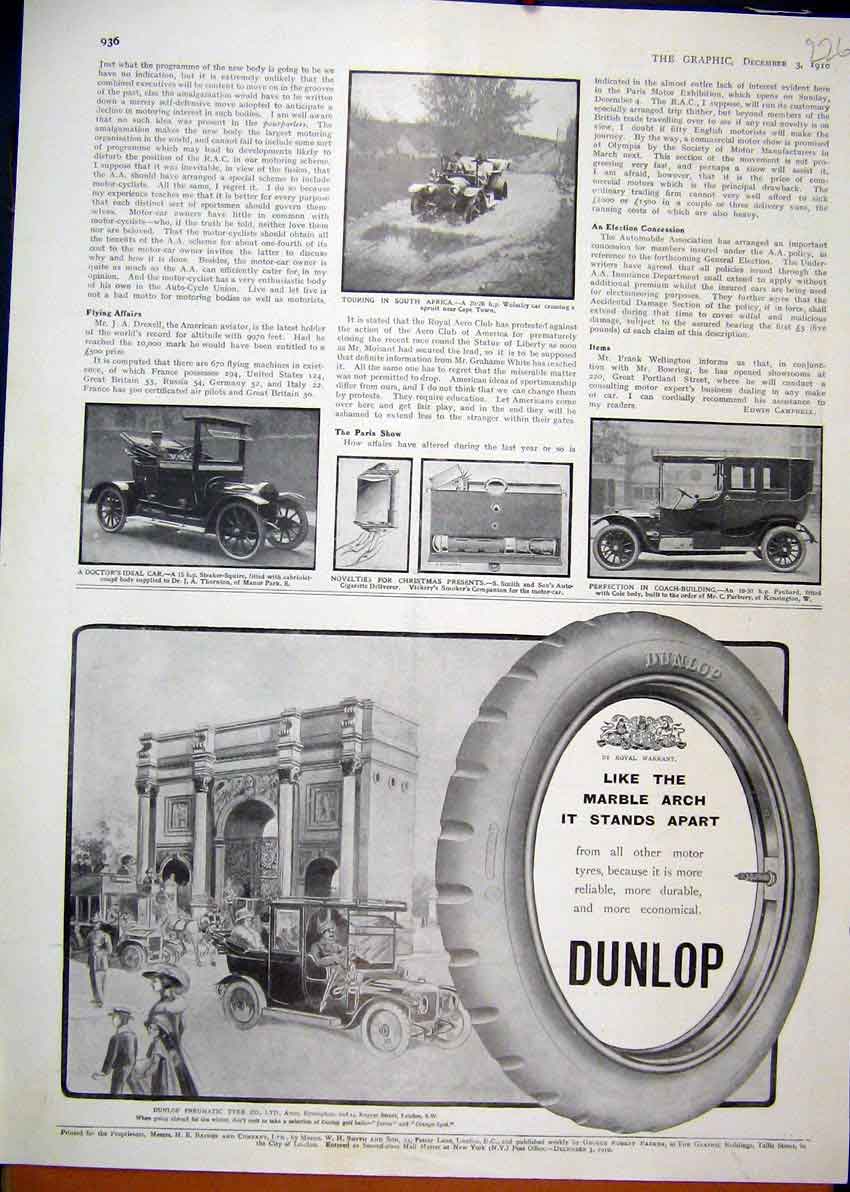 Old Antique Print 1910 Advert Dunlop Pneumatic Motor Car Tyre Marble Arch 20th