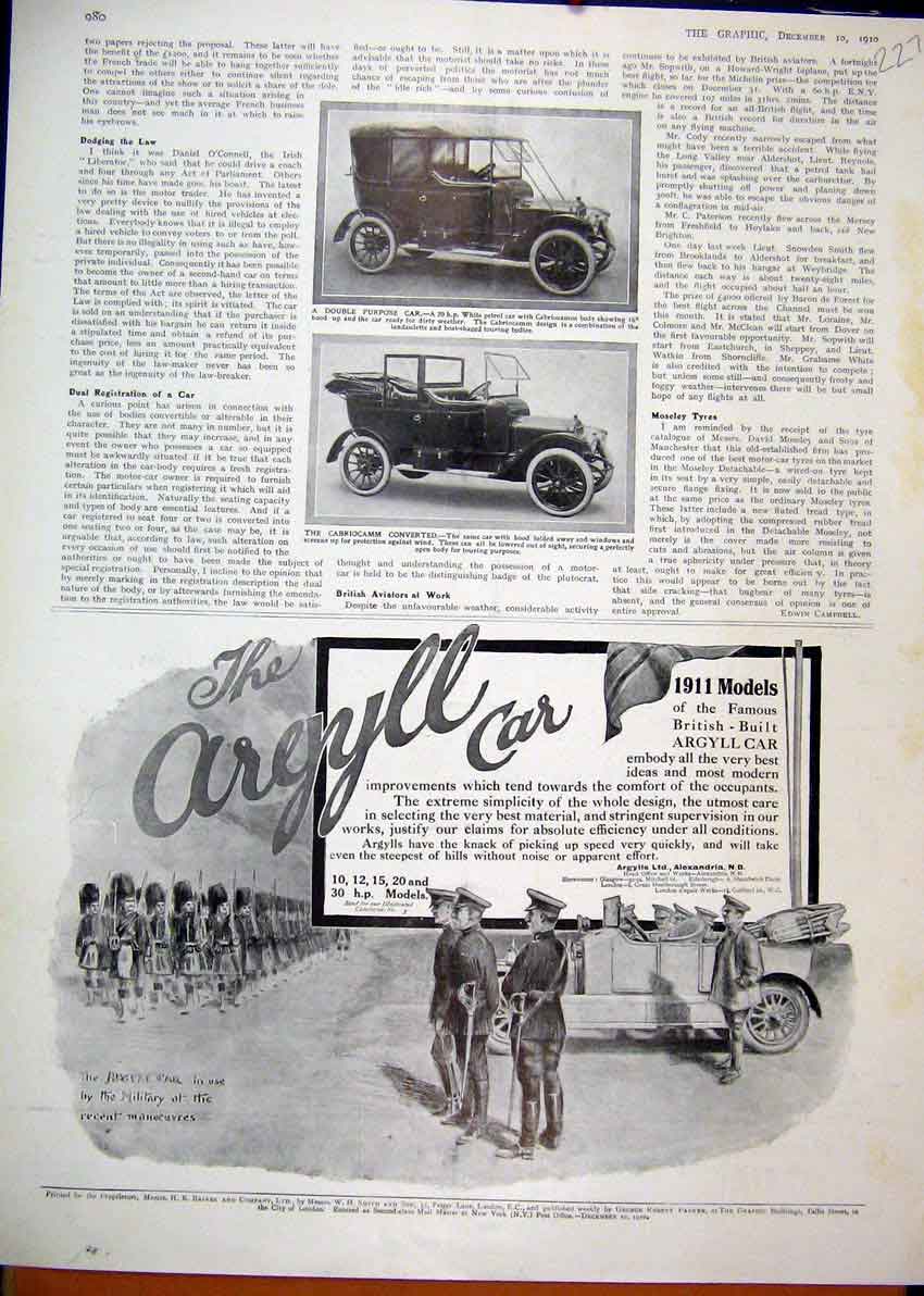 Old Antique Print 1910 Advert Argyll Motor Car Millitary Manouvres Kilts 20th