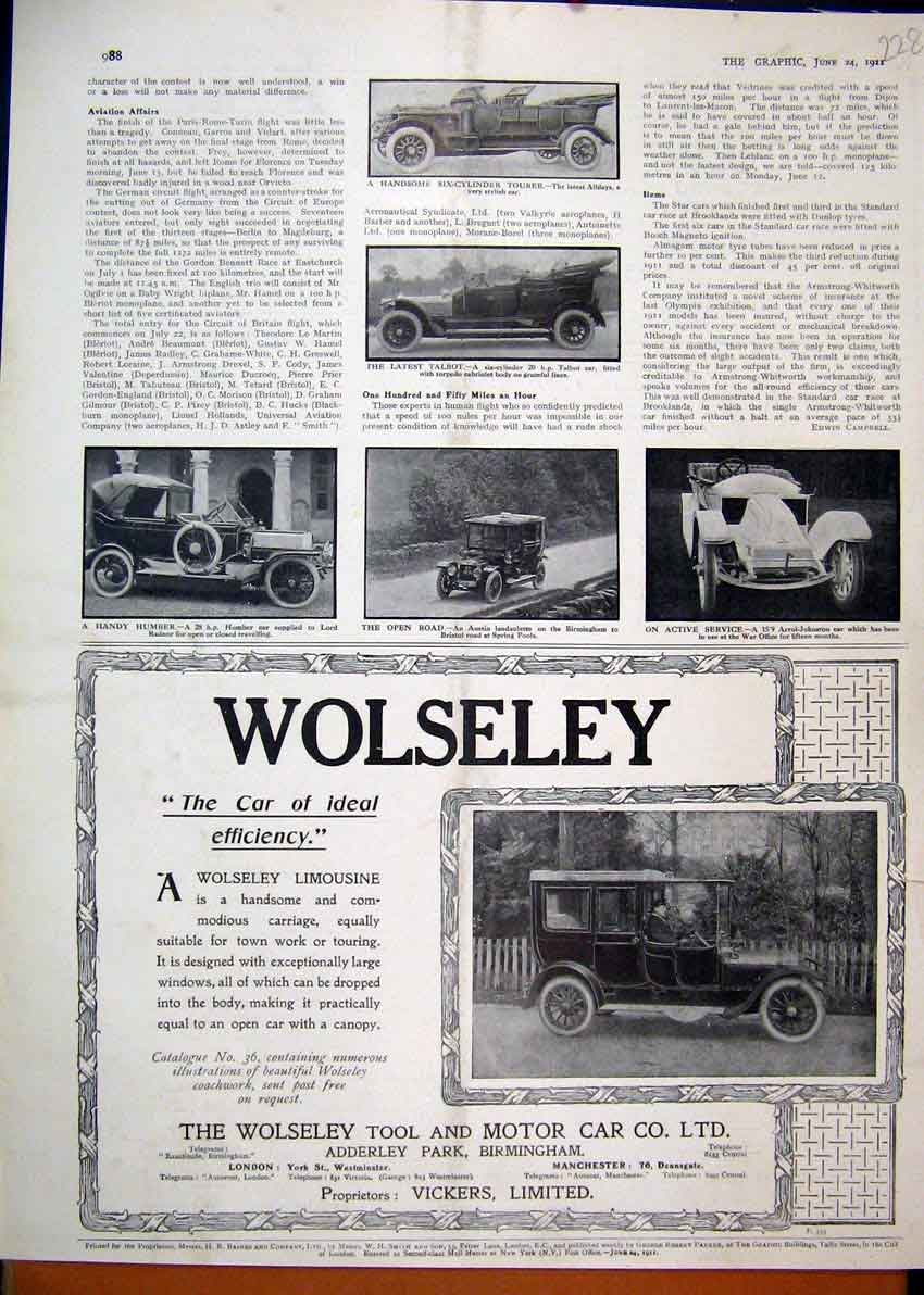 Original Old Antique Print Advert Wolseley Tool Motor Car 1911 Talbot Humber