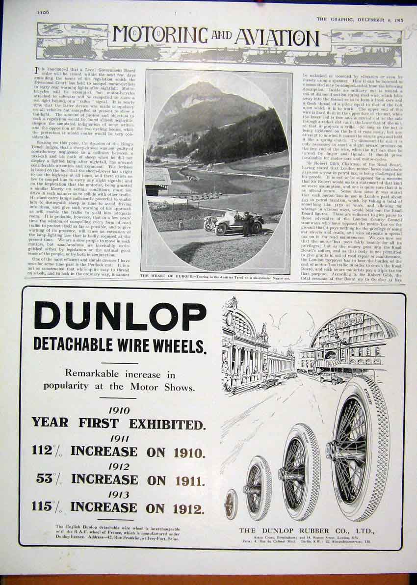 Old Antique Print 1913 Advert Dunlop Motor Tyres Lion Austro Daimler Car 20th