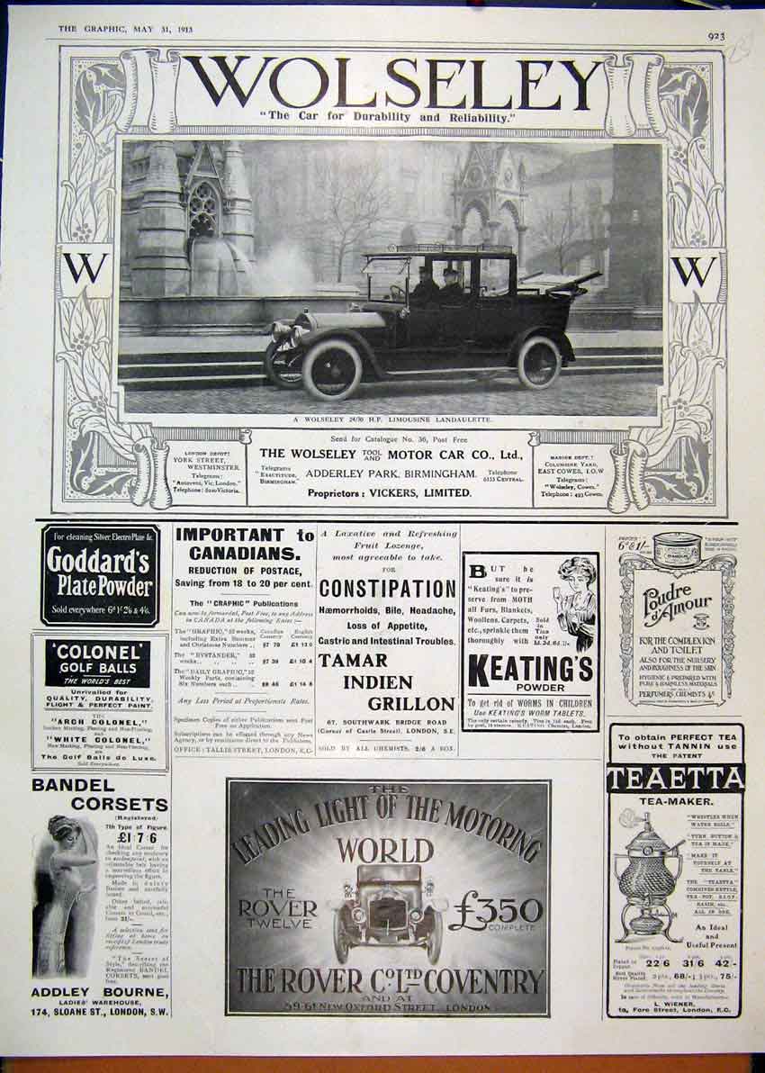 Original Old Antique Print Advert Wolseley Motor Car 1913 Rover Twelve Tea Maker