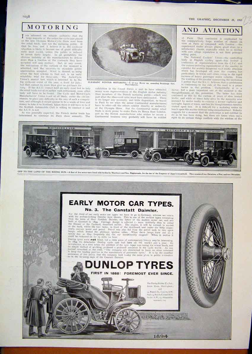 Original Old Antique Print 1912 Advert Dunlop Motor Car Tyres Canstatt Daimler