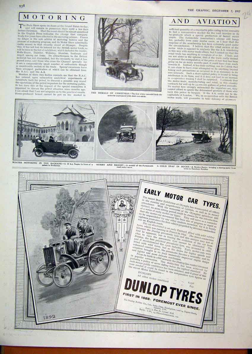 Old Antique Print 1912 Advert Dunlop Motor Car Tyre Straker Squire Napier 20th