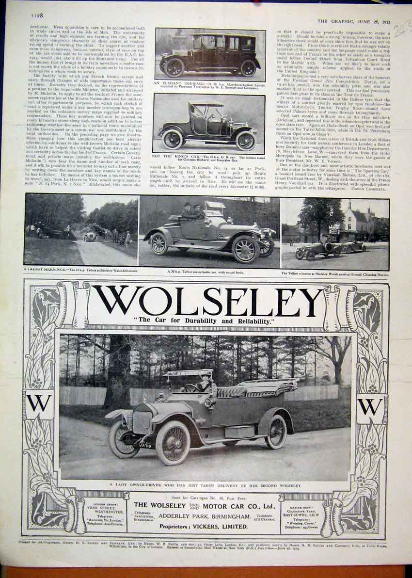 Original Old Antique Print 1913 Advert Wolseley Tool Motor Car Talbot Shelsley