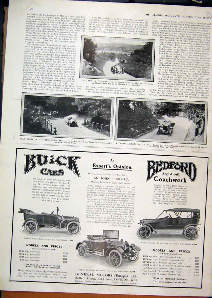 Old Antique Print Advert Buick Cars Bedford Coachwork 1913 Talbot Prices 20th