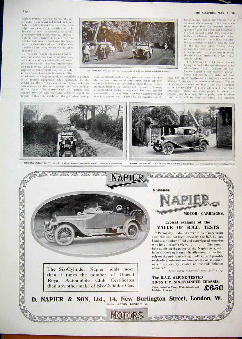 Original Old Antique Print 1914 Advert Noisless Napier Motor Car Rover Standard