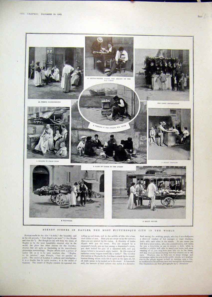 Old Antique Print 1903 Street Scene Naples Melon Seller Fruiterer Cobbler 20th