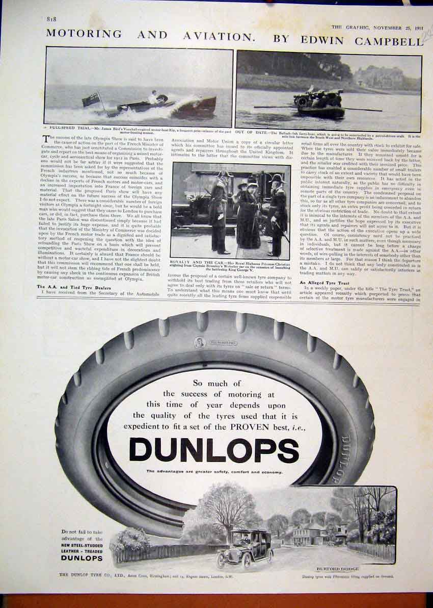 Old Antique Print Advert Dunlop Steel Studded Leather Treaded Tyres 1911 20th