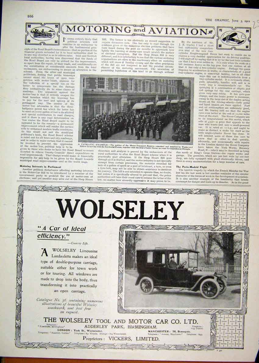 Old Antique Print 1911 Advert Wolseley Tool Motor Car Territorial Forces 20th