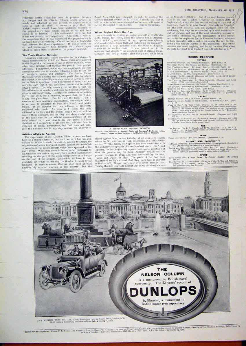 Old Antique Print 1910 Advert Dunlop Tyres Car Nelson Column Woolen Cloth 20th