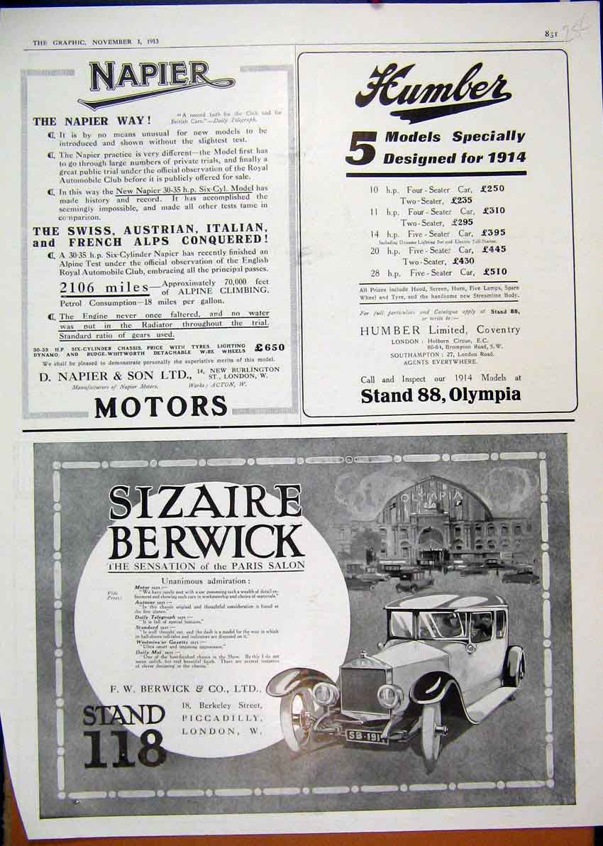 Original Old Antique Print 1913 Advert Sizaire Berwick Motor Car Napier Humber