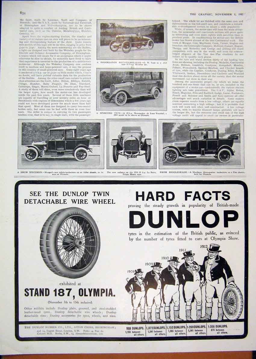 Old Antique Print Advert Dunlop Detachable Wire Wheel 1913 Humber Morgan 20th