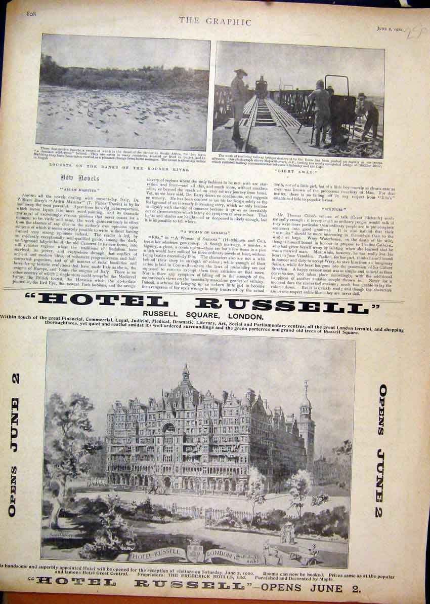 Original Old Antique Print 1900 Advert Hotel Russell Locusts Modder River Train