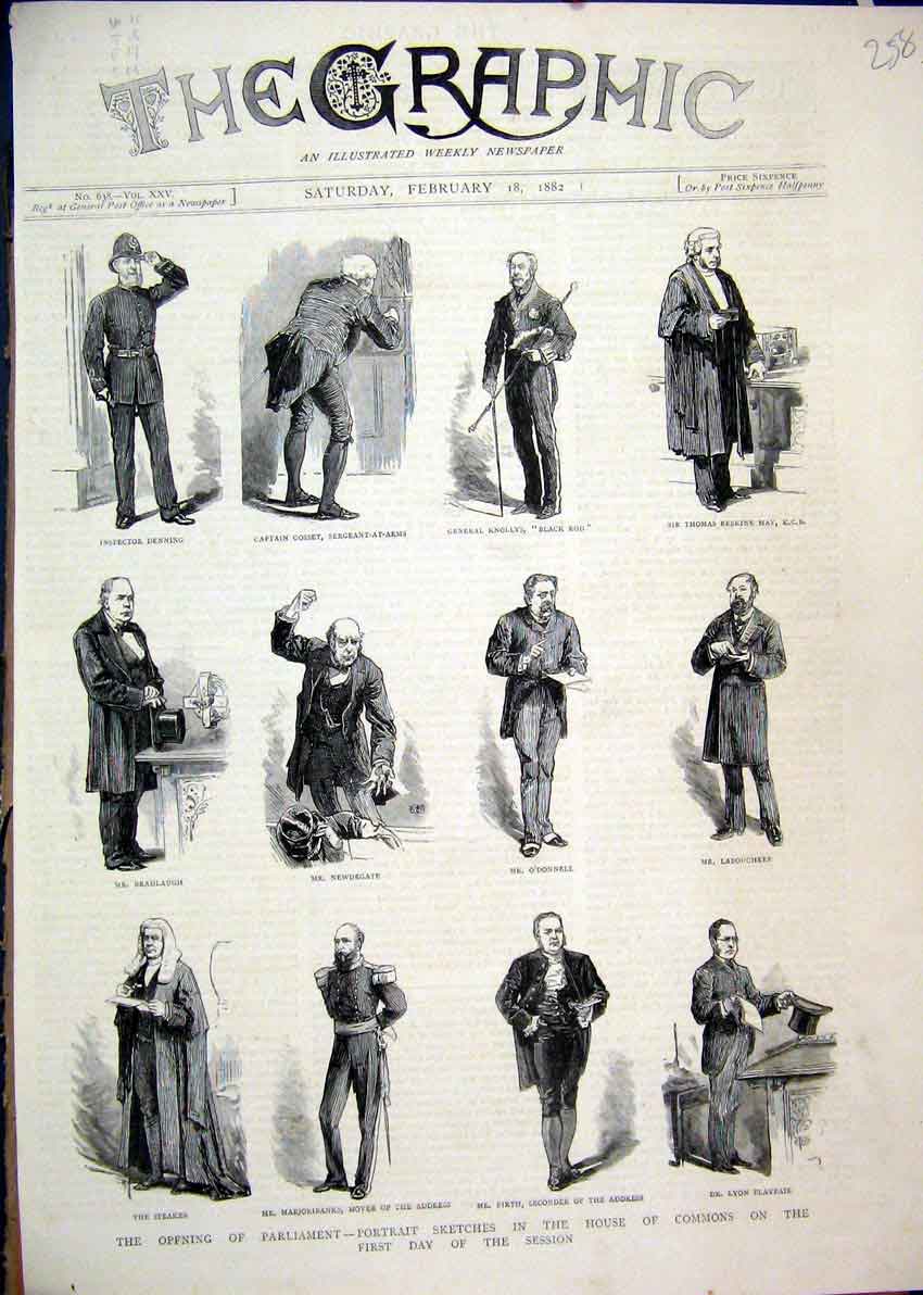 Old Antique Print 1882 Portrait Sketches House Commons Parliament Speaker 19th