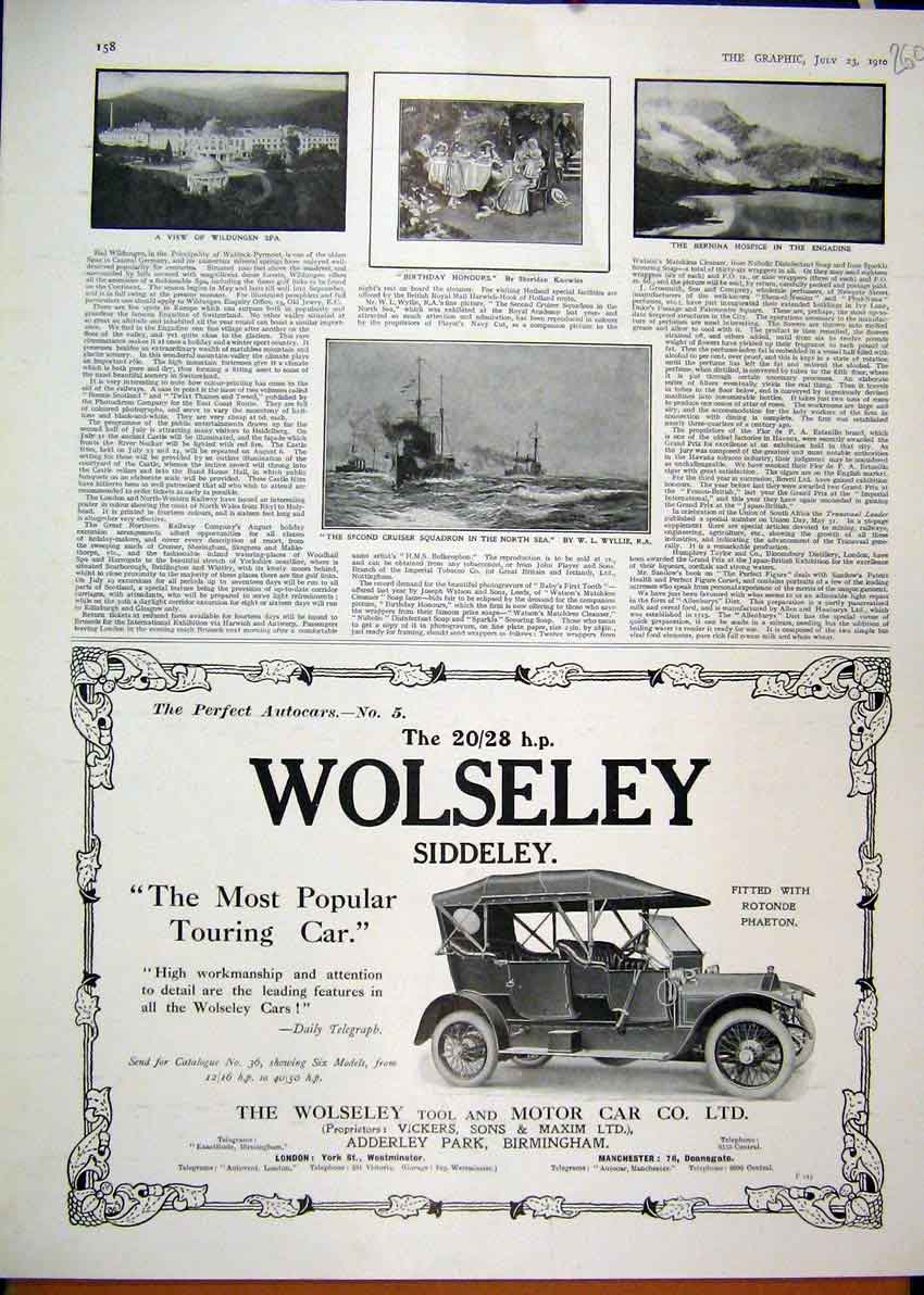 Original Old Antique Print 1910 Advert Wolseley Tool Touring Motor Car Engadine