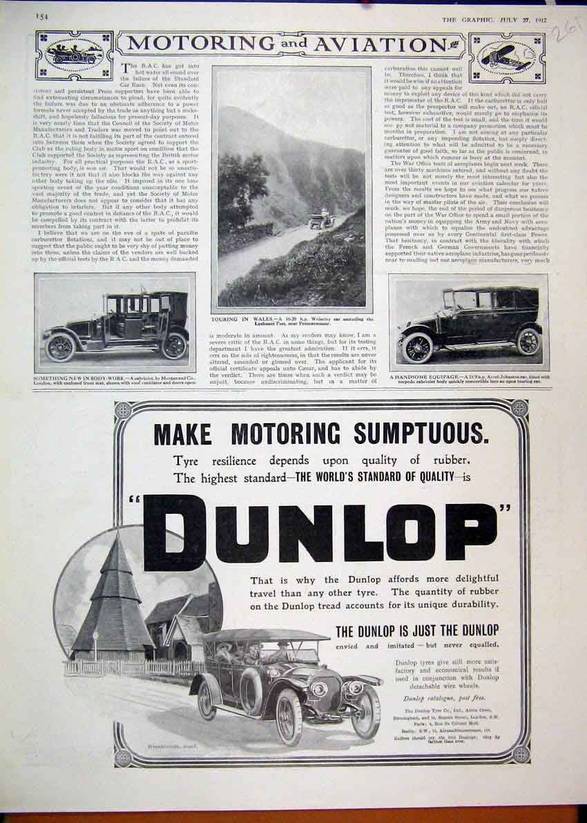 Original Old Antique Print 1912 Advertdunlop Motor Car Tyre Wolseley Wales 20th