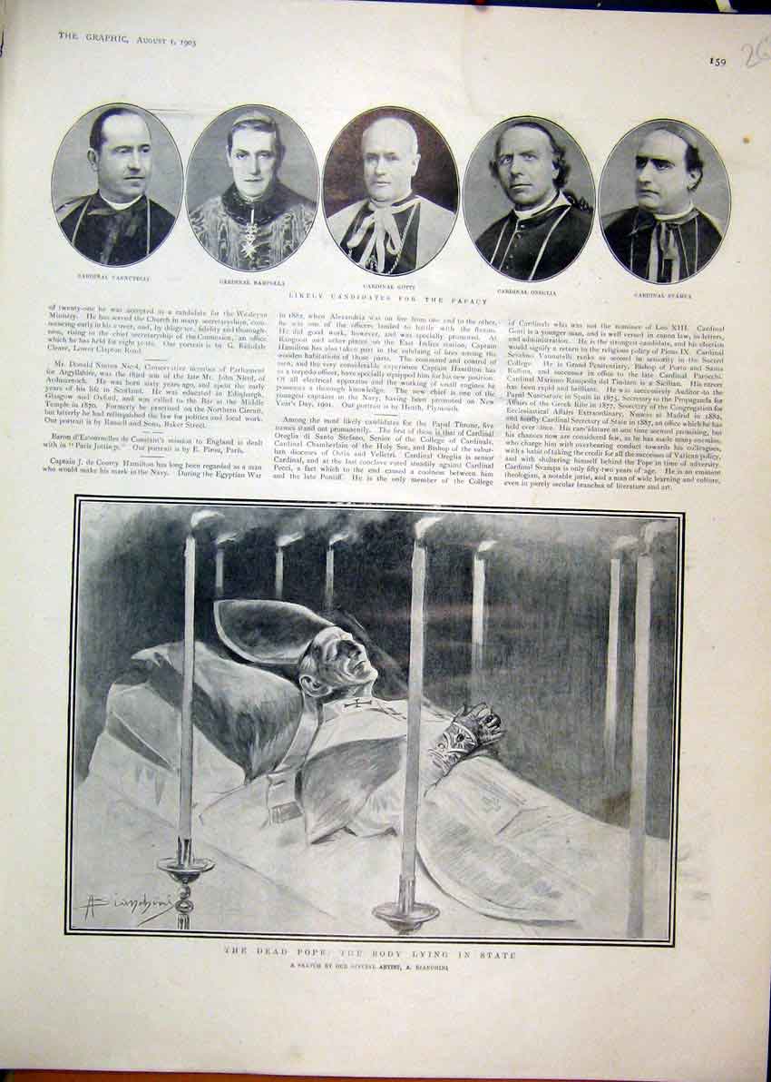 Original Old Antique Print 1903 Candidates Papacy Dead Pope Body Lying State