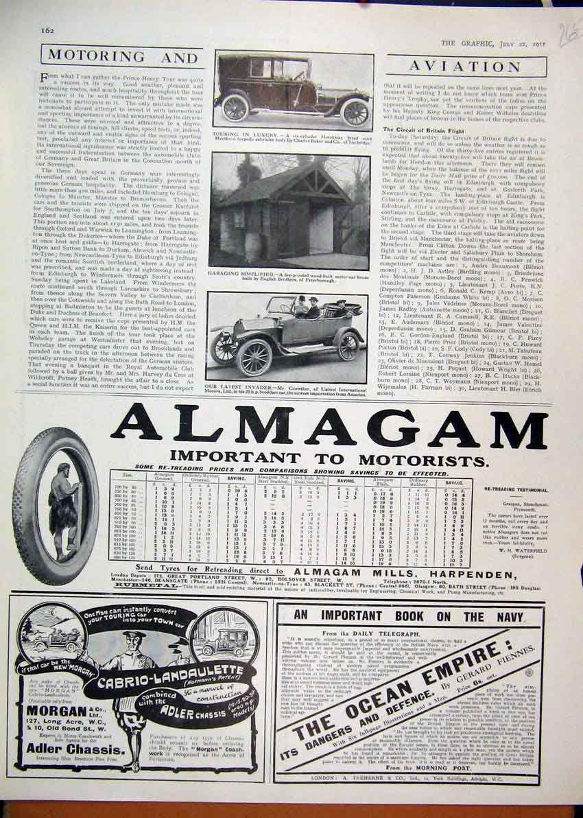Original Old Antique Print 1911 Advert Almagam Motor Car Tyres Morgan Adler 20th