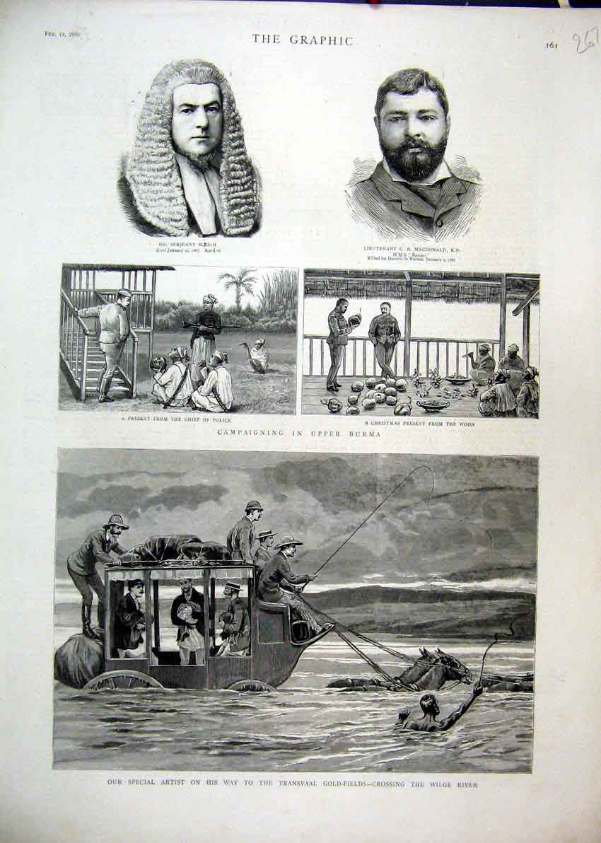 Original Old Antique Print Wilge River Horse Carriage 1887 Burma Sleigh GField