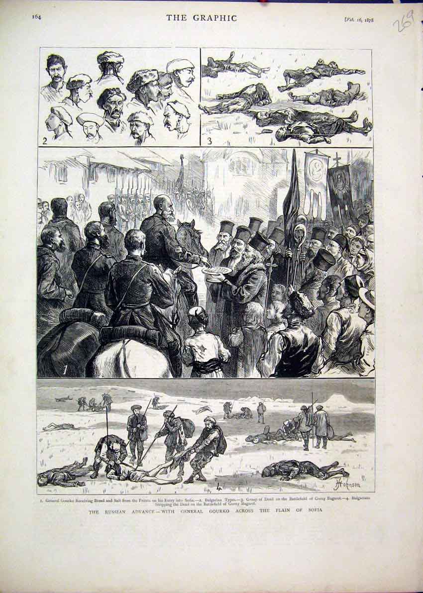 Original Old Antique Print 1878 Russian Advance General Gourko Plain Sofia Buga