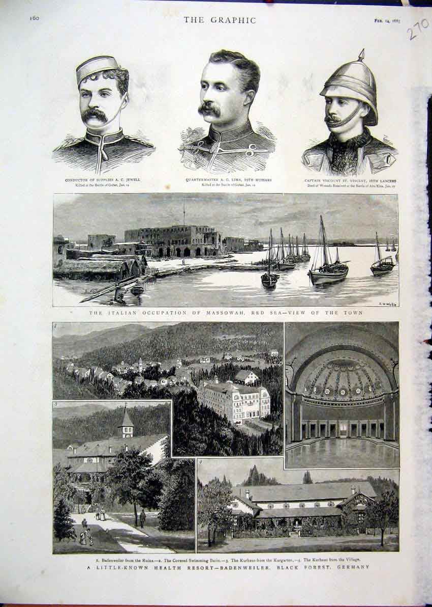 Old Antique Print 1885 Health Resort Badenweiler Germany Massowah Red Sea 19th