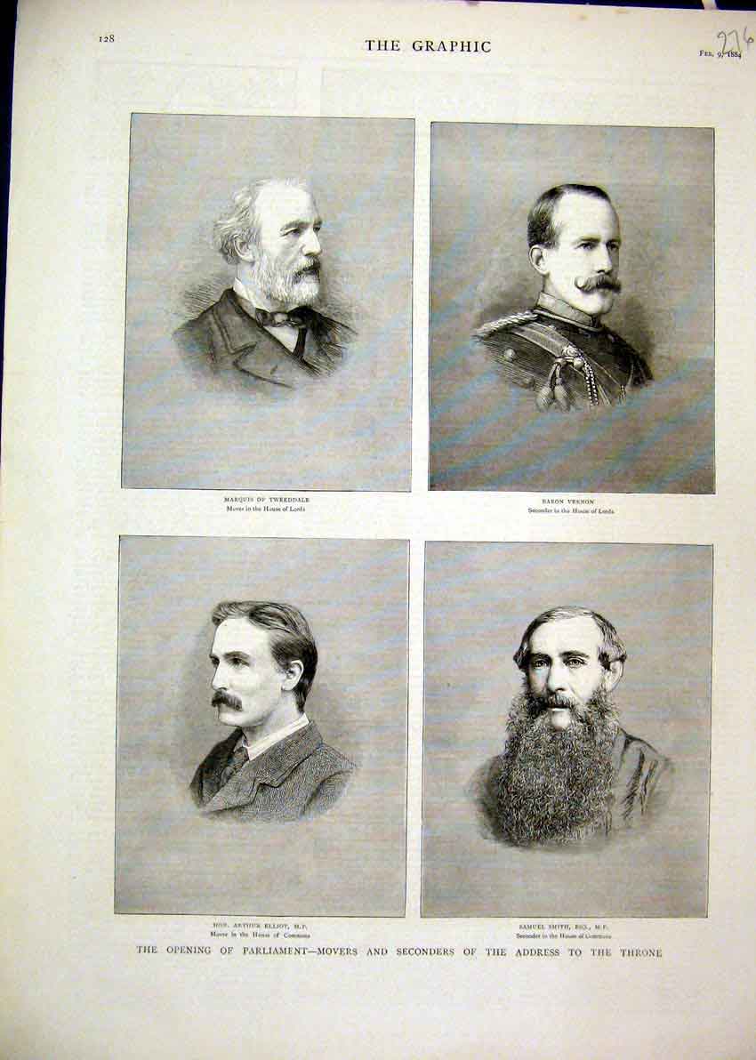 Original Old Antique Print 1884 Parliament Movers Seconders Throne Elliot Vernon