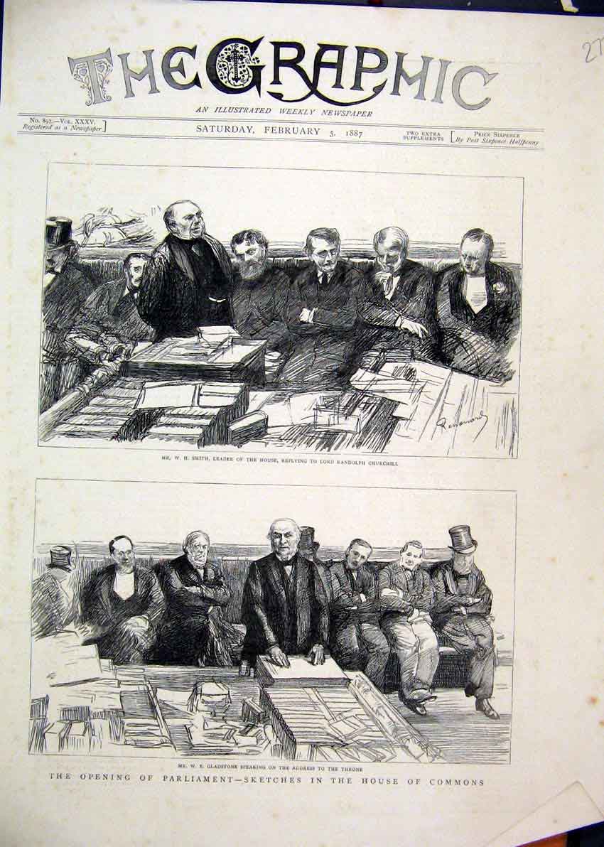 Old Antique Print 1887 Parliament Gladstone Throne Smith House Churchill 19th